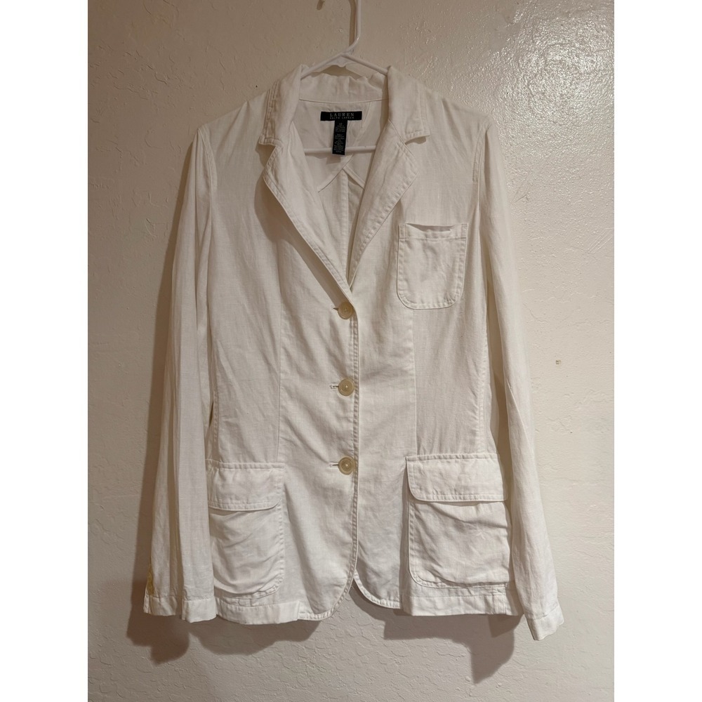 Lauren Ralph Lauren White 100% Linen Blazer Jacket 3 Button Classic Size 12 - Picture 2 of 7